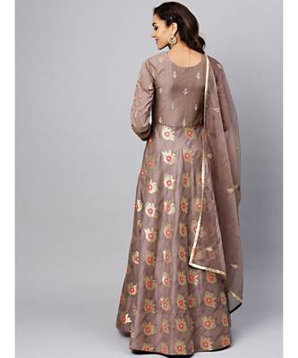 Grey Embellished Gown with Banarasi weaving and Zari Embroidered Dupatta 3