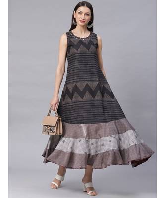 Black Flared Panelled Dress with Geometrical Prints and Resham Embroidery 1