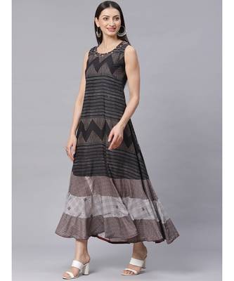 Black Flared Panelled Dress with Geometrical Prints and Resham Embroidery 2