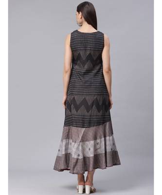 Black Flared Panelled Dress with Geometrical Prints and Resham Embroidery 3
