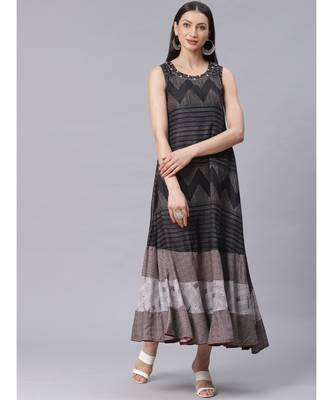 Black Flared Panelled Dress with Geometrical Prints and Resham Embroidery 4