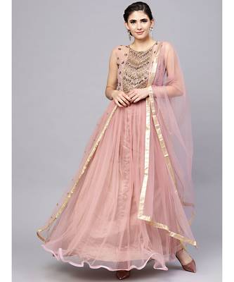 pink  Mauve Layered Gown with Crystal Zari Embroidery and Dupatta 1