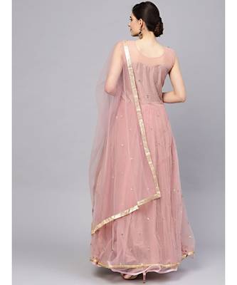 pink  Mauve Layered Gown with Crystal Zari Embroidery and Dupatta 3