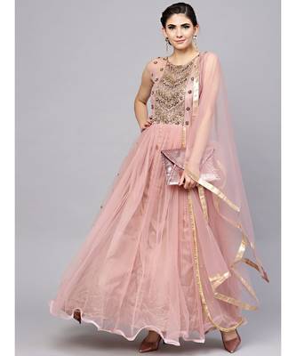 pink  Mauve Layered Gown with Crystal Zari Embroidery and Dupatta 6