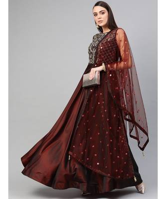 Maroon Mirror Embellished Cocktail gown with Sequin embroidered Dupatta 1