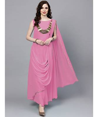 Pink Georgette Draped Dress with Attached Necklace and Dupatta 1