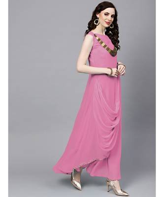 Pink Georgette Draped Dress with Attached Necklace and Dupatta 2