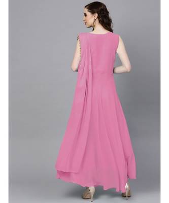 Pink Georgette Draped Dress with Attached Necklace and Dupatta 3