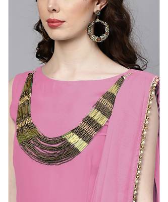 Pink Georgette Draped Dress with Attached Necklace and Dupatta 4