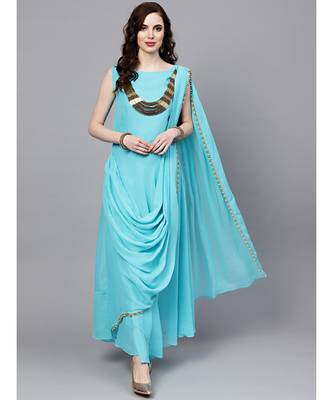 Turquoise Turquoise Georgette Draped Dress with Attached Necklace and Dupatta 1