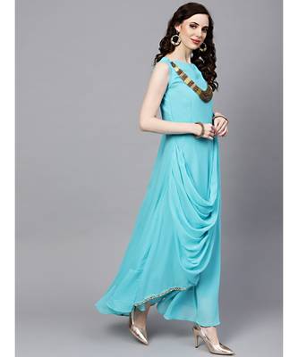 Turquoise Turquoise Georgette Draped Dress with Attached Necklace and Dupatta 2