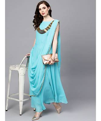 Turquoise Turquoise Georgette Draped Dress with Attached Necklace and Dupatta 3
