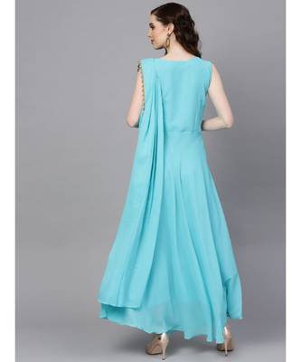 Turquoise Turquoise Georgette Draped Dress with Attached Necklace and Dupatta 4