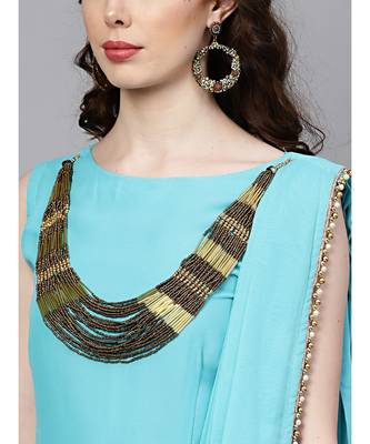 Turquoise Turquoise Georgette Draped Dress with Attached Necklace and Dupatta 5
