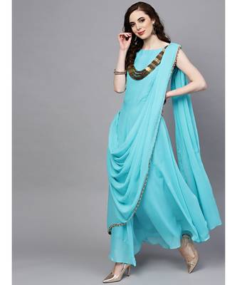 Turquoise Turquoise Georgette Draped Dress with Attached Necklace and Dupatta 6