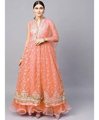 Peach Anarkali Cocktail Gown with Resham Zari Embroidery and dupatta 1
