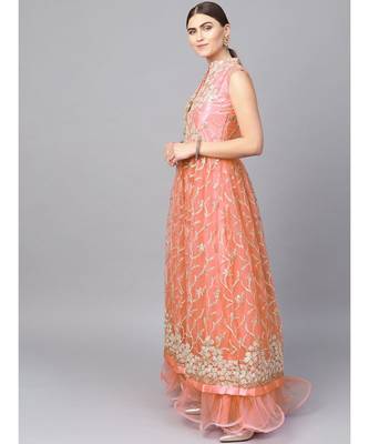 Peach Anarkali Cocktail Gown with Resham Zari Embroidery and dupatta 2