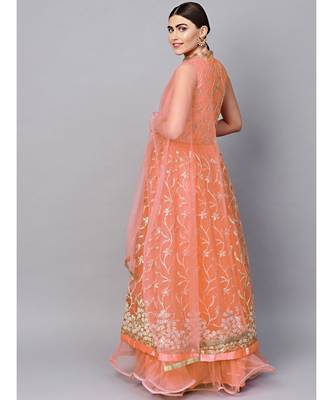 Peach Anarkali Cocktail Gown with Resham Zari Embroidery and dupatta 3