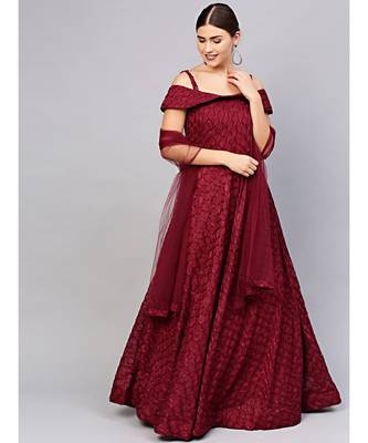Maroon Floor length Maroon Cocktail Gown with off shoulder sleeves and dupatta 1
