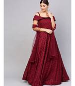 Maroon Floor length Maroon Cocktail Gown with off shoulder sleeves and dupatta