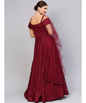Maroon Floor length Maroon Cocktail Gown with off shoulder sleeves and dupatta 2