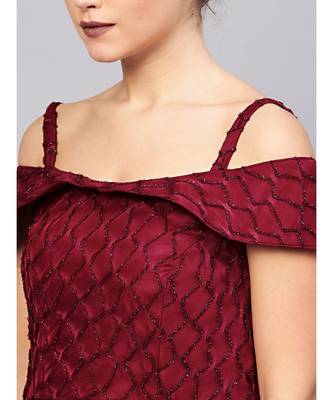Maroon Floor length Maroon Cocktail Gown with off shoulder sleeves and dupatta 4