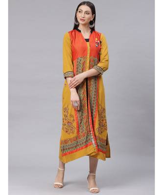 yellow High slit Jacket style Kurta Dress with Quirky Prints Resham Embroidery and Tassels 1