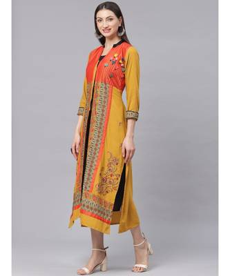 yellow High slit Jacket style Kurta Dress with Quirky Prints Resham Embroidery and Tassels 3