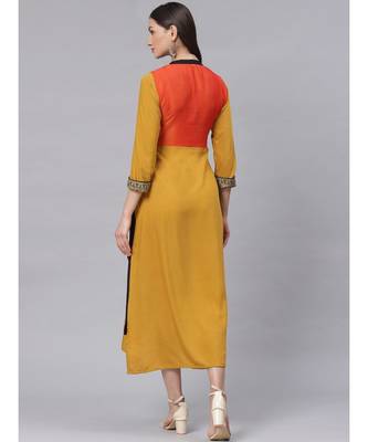 yellow High slit Jacket style Kurta Dress with Quirky Prints Resham Embroidery and Tassels 4