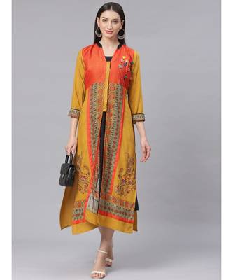 yellow High slit Jacket style Kurta Dress with Quirky Prints Resham Embroidery and Tassels 5