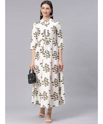 Cream Quirky Print Long Dress with Wooden Tassels Buttons and Belt 1