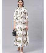 Cream Quirky Print Long Dress with Wooden Tassels Buttons and Belt