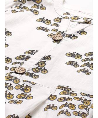 Cream Quirky Print Long Dress with Wooden Tassels Buttons and Belt 2