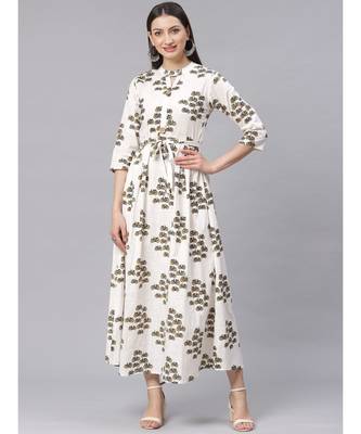 Cream Quirky Print Long Dress with Wooden Tassels Buttons and Belt 3