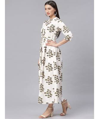 Cream Quirky Print Long Dress with Wooden Tassels Buttons and Belt 4