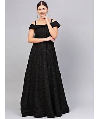 Black Floor length Black Cocktail Gown with off shoulder sleeves and dupatta 1