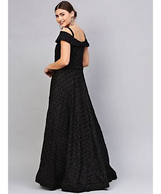 Black Floor length Black Cocktail Gown with off shoulder sleeves and dupatta 3