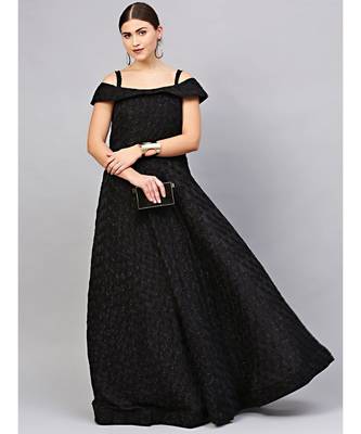 Black Floor length Black Cocktail Gown with off shoulder sleeves and dupatta 4