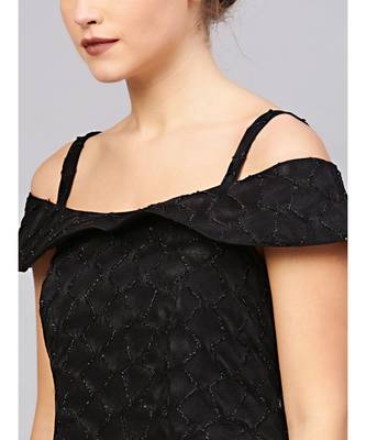 Black Floor length Black Cocktail Gown with off shoulder sleeves and dupatta 5