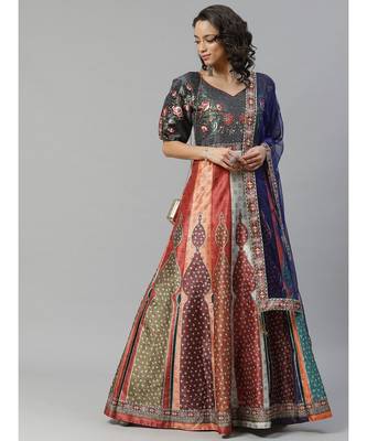 blue Bohemian Digital Printed Cocktail Embellished Gown with Net Dupatta 1