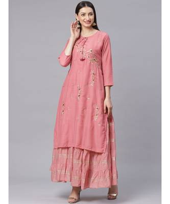 pink Double Layered Gown with Gotta Patti Embroidery and Keyole Neckline 2