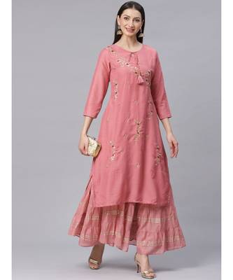 pink Double Layered Gown with Gotta Patti Embroidery and Keyole Neckline 4