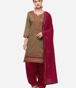 Olive Green & Maroon Color Embroidered Unstitched Dress Material