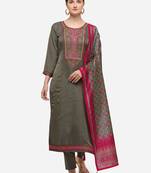 Olive Green Color Embroidered Unstitched Dress Material