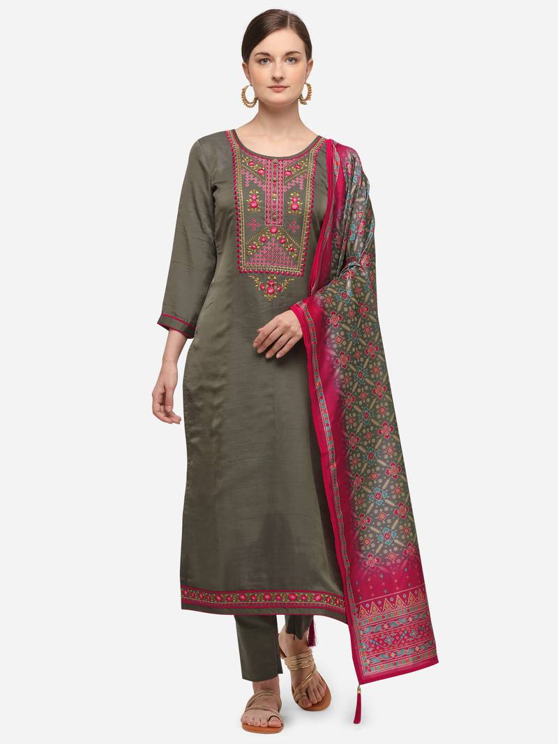 Olive Green Color Embroidered Unstitched Dress Material
