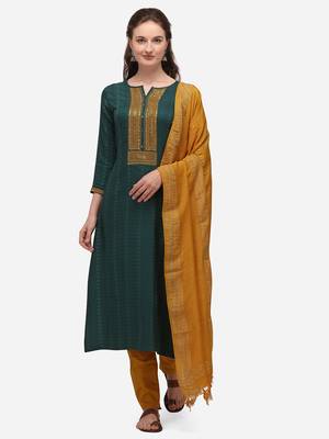 Green & Mustard Color Embroidered Unstitched Dress Material 1
