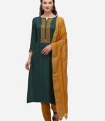Green & Mustard Color Embroidered Unstitched Dress Material