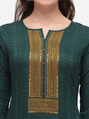 Green & Mustard Color Embroidered Unstitched Dress Material 4