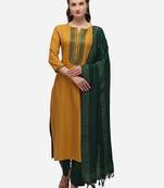 Mustard & Green Color Embroidered Unstitched Dress Material