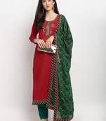Red & Green Cotton Blend Weaving & Embroidery Dress Material